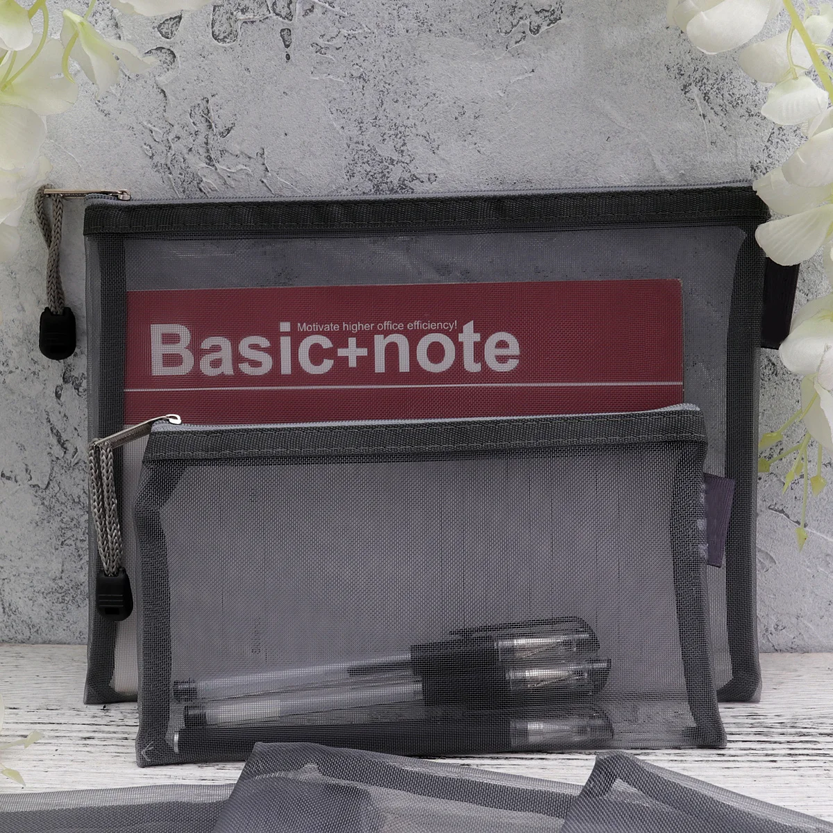 

5Pcs Mesh File Bag Set Grey Portable Stationery Pouch Includes A4 A5 A6 Zippered Document Organizer for Office School Supplies