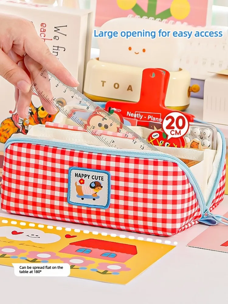 Niedliches kariertes Cartoon-Etui mit Apfelmotiv, großes Fassungsvermögen, Schreibwarentasche, ästhetisches Stiftetui für Schüler, Schule, Bürobedarf – Detail 6