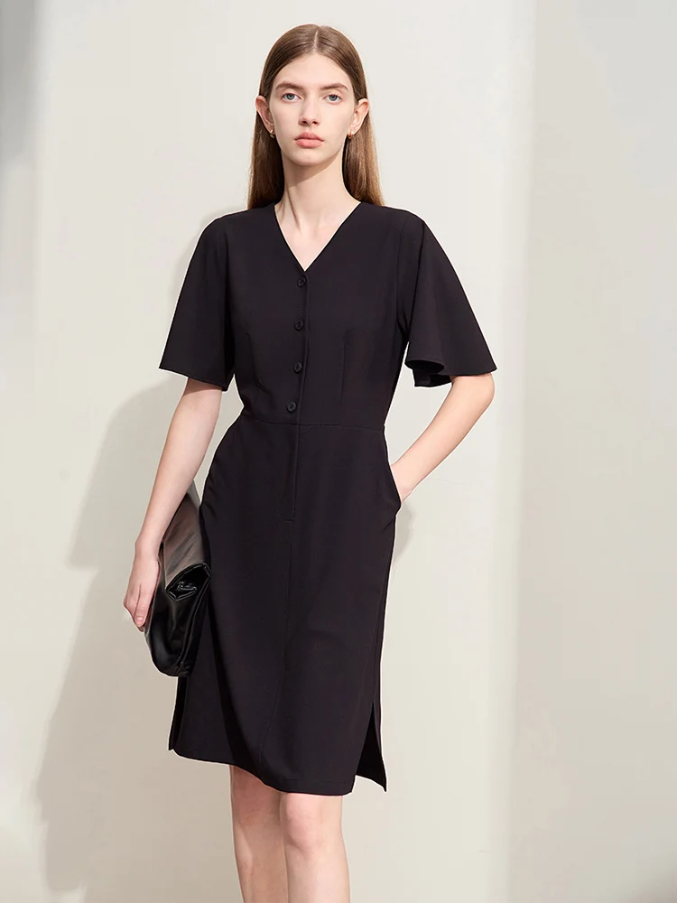 Amii Minimalism 2024 Summer New Elegant V-neck Knot Hollow Waist Dress Female Slit Short-sleeve Trendy Dress For Women 12422090