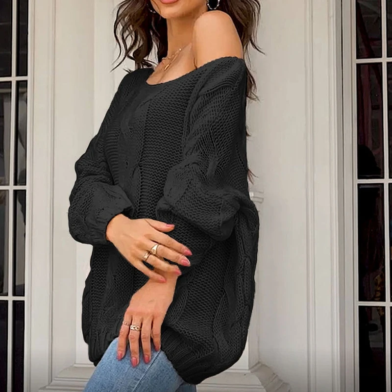 

Вязаный свитер с рукавами-фонариками, женский осенне-зимний пуловер большого размера с открытыми плечами, уличная мода, свободные вязаные топы