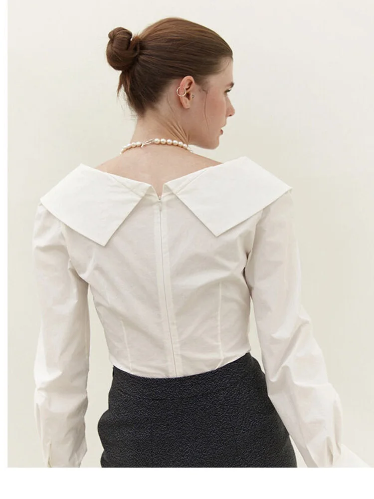 

Slim Fit Deconstructed Design V Ne Commute irt Irregular Korean Sle Cotton Blend ort Sve Women's Busin irt