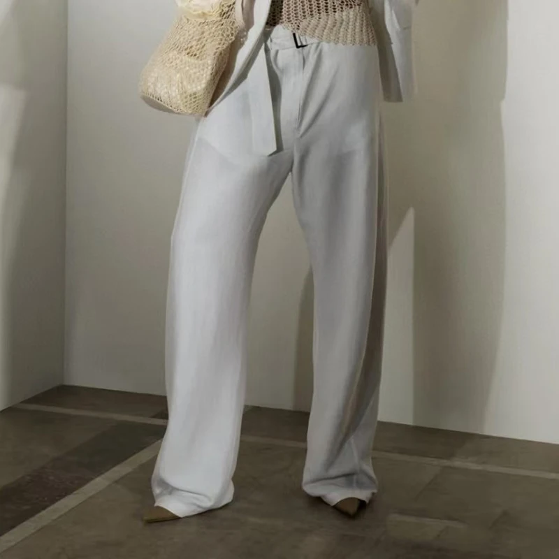 

Women's Linen Blend Pants, Comfortable Hundred Wide Leg Pants, Belt Decoration Women's Pants, Summer, New, 2025, y2k