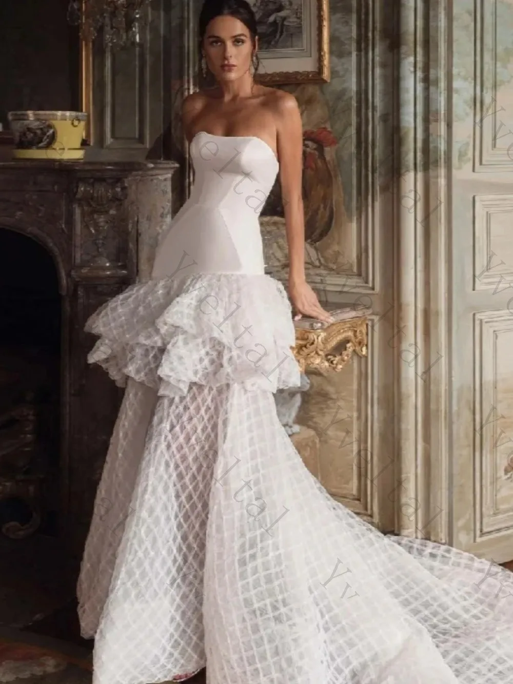 Customized Graceful Charming Temperament Strapless Ruffled Romantic Wedding Dresses Grid-Patterned Church Mermaid Bridal Gown