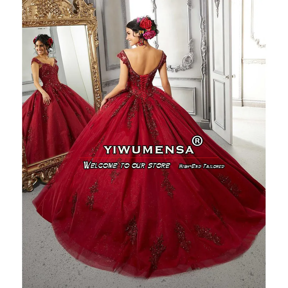 Princesa Quinceanera Vestidos com cristais brilhantes e Beading, vestido de baile, Sweet 16 Dress, Borgonha Comemore, Ocasião Formal, 15