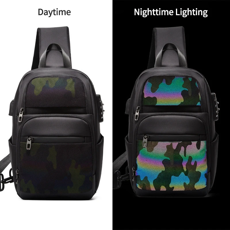 Colorful Dazzling Men‘s Chest Bag Cool Crossbody Waterproof Bag with 15-inch Computer Charging Port Audio Jack Anti-Theft Bag