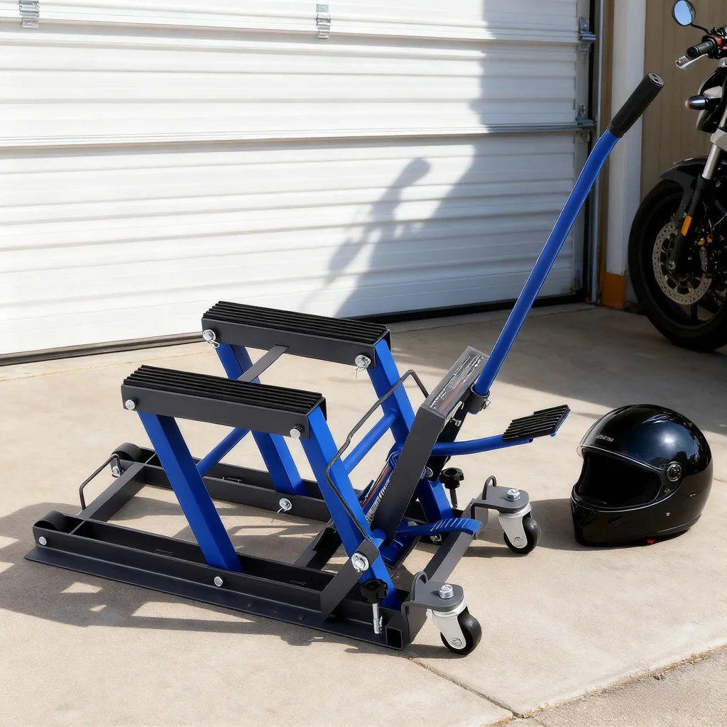 أداة رفع إصلاح الدراجة النارية الهيدروليكية 680 كجم، حامل رافعة دراجة نارية قابل للتعديل مع 2 عجلات، حامل تركيب متين