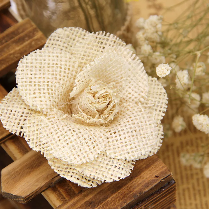 2/3/5 Uds. De yute hecho a mano de 9cm, arpillera de arpillera, flores rosas, decoración rústica Vintage para boda, adornos navideños de yute para
