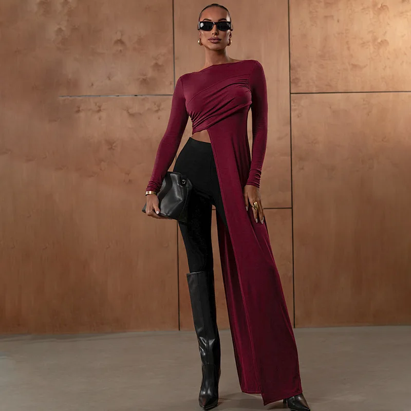 

Blifanbo сексуальная футболка с круглым вырезом и длинными рукавами, женский осенний нерегулярный тонкий лоскутный модный женский топ, футболка, уличная одежда