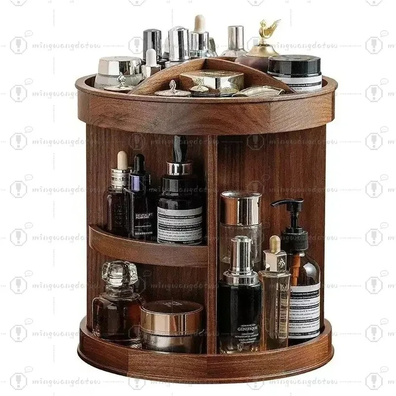 Cosmetics Storage Rack Multifunctional Large Capacity Desktop Dresser Finishing Artifact Walnut Color Rotary Storage Box