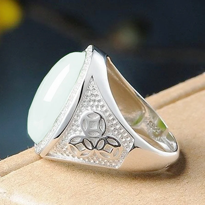Top Grade Jade Oval Ring For Men Jewelry 925 Sterling Silver Men Wedding Ring With Shining Stones Hollow Coin Finger Accessories