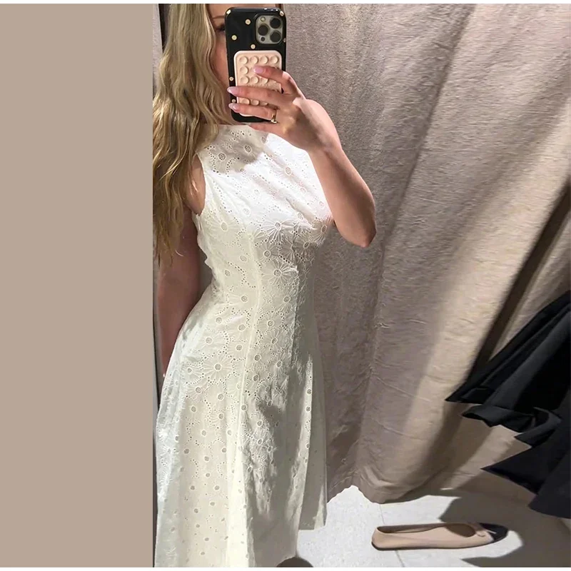Spitzenkleid mit Rückenausschnitt und Taillenbund, langes, sexy Damenkleid mit O-Ausschnitt, ärmellos, Schnürung, figurbetont, charmantes Alltagskleid, Vestido – Detail 10