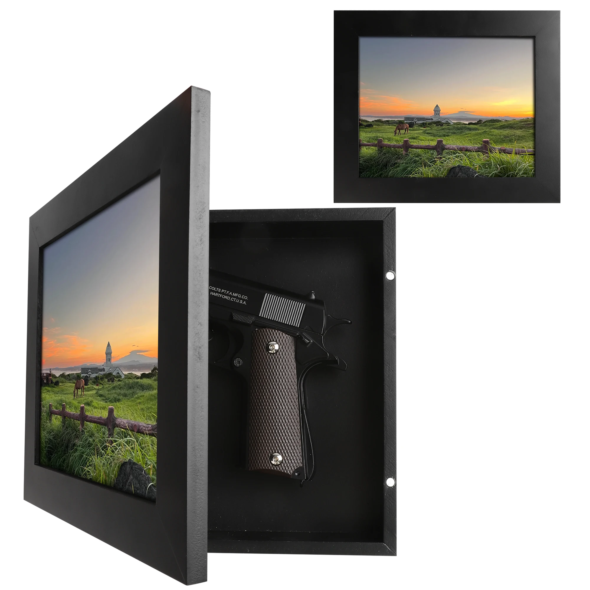 Hidden Gun Storage for Pistols, Magnetic Lock Wooden Picture Frame Safe, Covert Wall Decor & Concealed Gun Safe for Home Office
