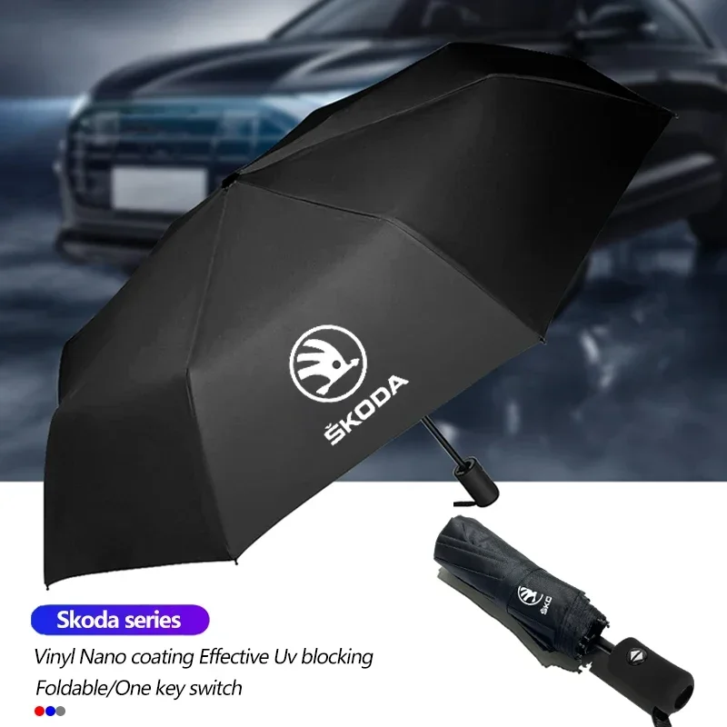 Car Emblem Fully Automatic Folding Umbrella Sunscreen Parasol For Skoda Octavia Mk3 Fabia Yeti Kamiq Kodiaq Karoq Rapid Superb
