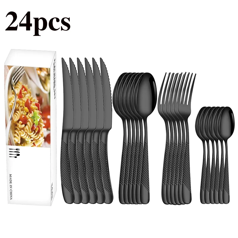 Conjunto de talheres de aço inoxidável 24 unidades, incluindo faca, garfo, colher e colher de sobremesa, é um bom presente de feriado.