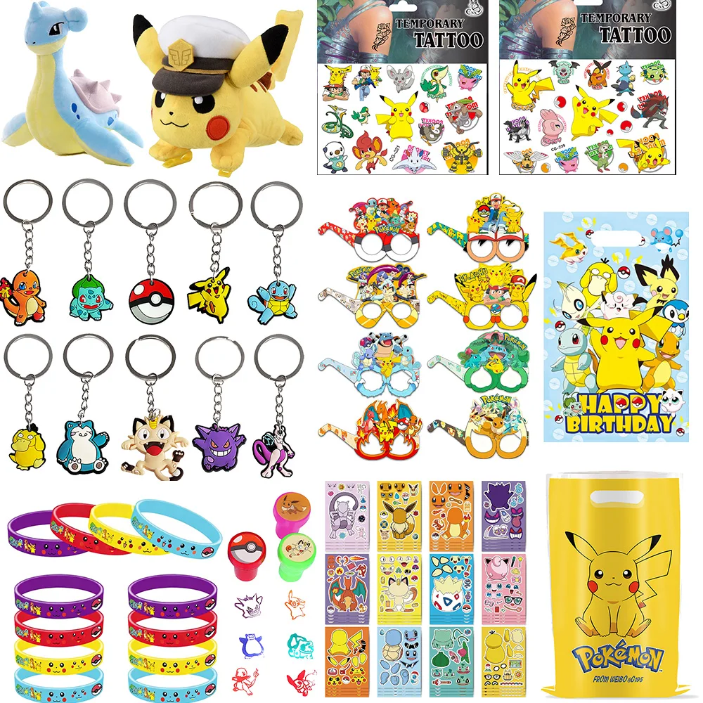 Figurines d'animation Pokémon, Kit cadeau d'anniversaire Pokémon, porte-clés Pikachu, tampons, sac cadeau, accessoires photo, cadeaux pour invités, cadeaux d'anniversaire