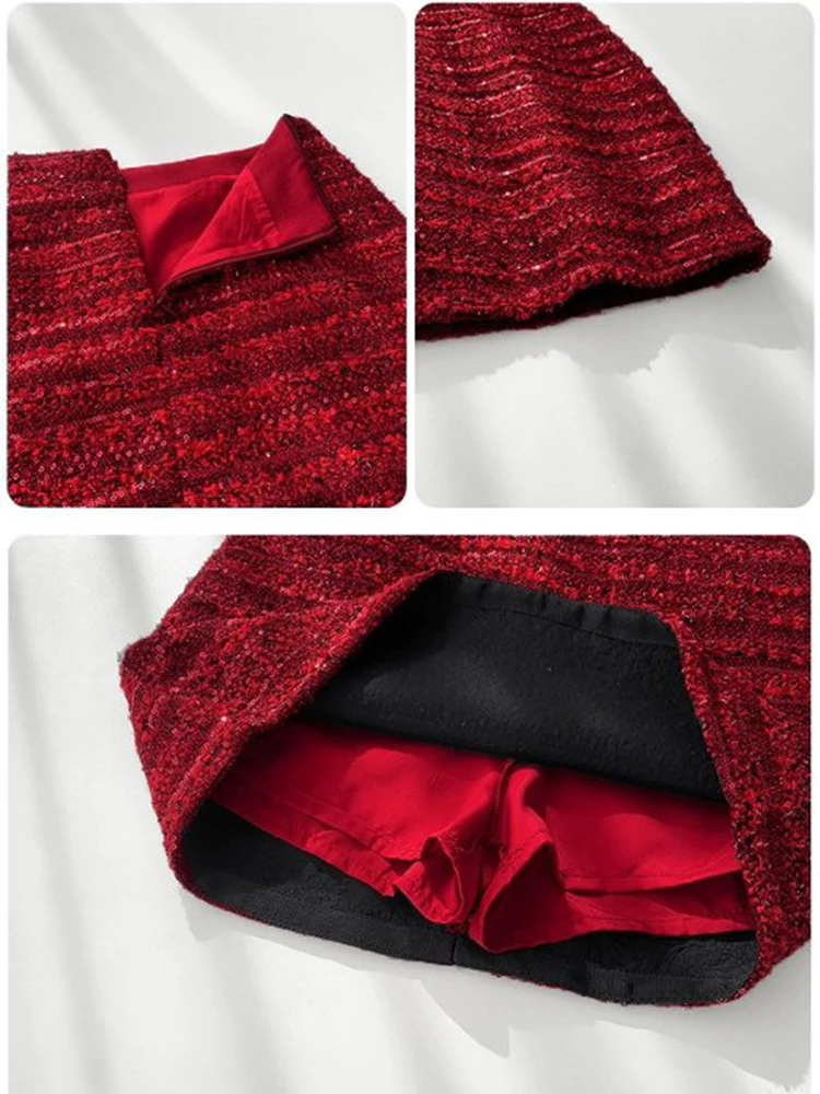 Minigonna corta con paillettes sexy retrò americana rossa per donna a vita alta autunno inverno chic gonne a tubino in tweed sottile da donna