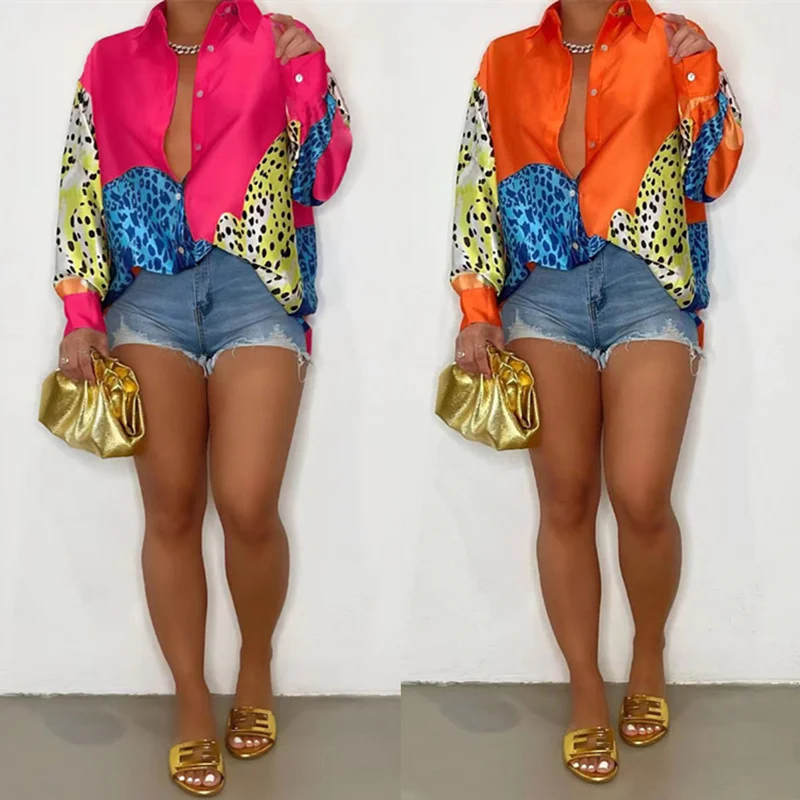 

2025 Summer Women's Shirt Dress Leopard Print Button Loose Fit Polyester Long Sleeve Collar Mid-Length Regular Thickness