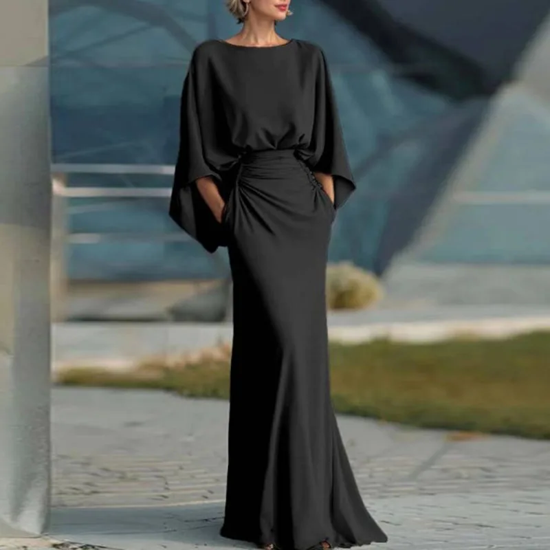 Womens Sexy Backless Hollow Bohemian Dress Spring Elegant O Neck High Waist Long Dress Summer Batwing Sleeve Slim Straight Dress - view 4