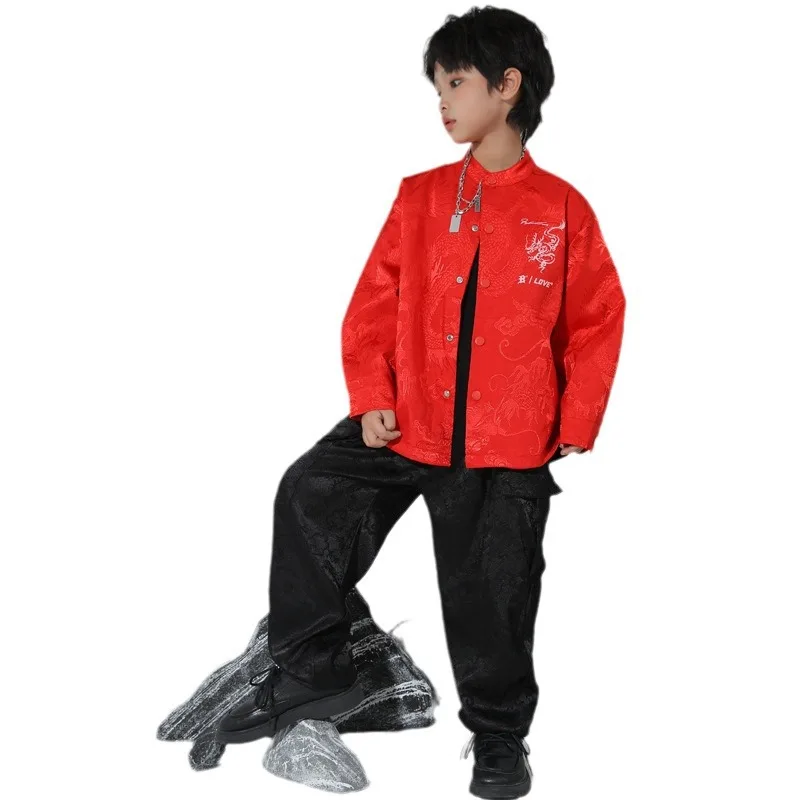 Kinderkostüme, rote Hip-Hop-Performance-Kostüme für Männer und Frauen im chinesischen Stil, Trommelsets, Street-Dance-Kleidung für Kinder