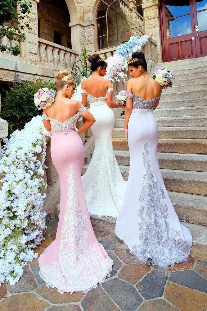 Elegant sexy mermaid bridesmaid dress under shoulder and neck applique Bridesmaid dress Sweep train wedding guest dress