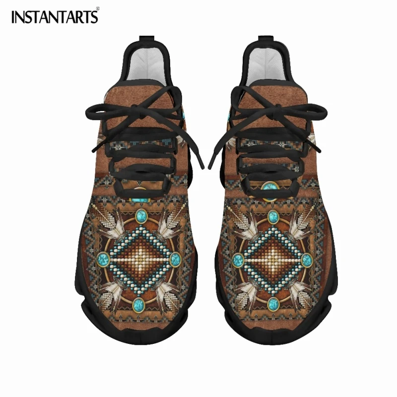 INSTANTARTS African Tribal Pattern Ladies Mesh Swing Sneakers Comfort Lace up Platform Shoes Lightweight Sport Shoes for Women