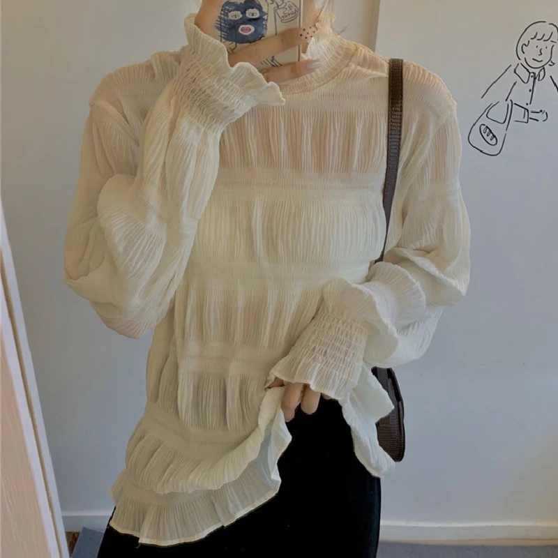 

Chic Oversized Belly Covering Chiffon Tops for Women Spring Autumn f High Collar Pleated Me Underwear T-irts Polyester...