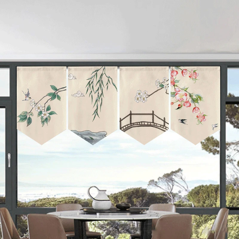 Chinese Window Shade Half Curtain Ancient Style Triangle Flag  Kitchen Door Short Curtain Cuisine Sushi Coffee Banner Shop Decor