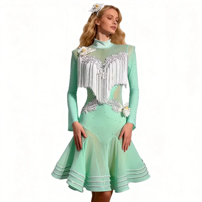 Latin Dance Dress High-end Customized Summer Transparent Gauze Tassel With Diamond Cha Cha Tango Stage Professional Clothing