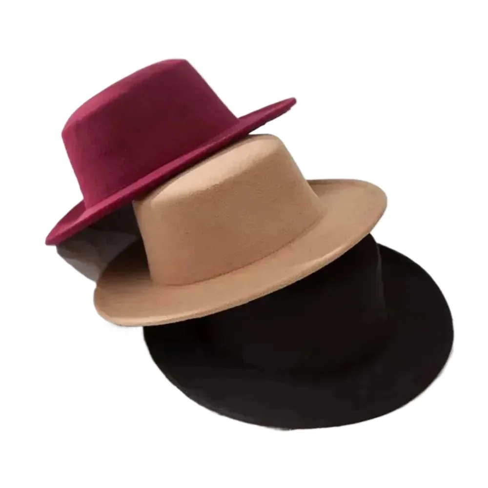 قبعات فيدورا مسطحة للنساء بلون سادة قبعة صوفية تقليد أنيقة بريطانية واسعة الحافة قبعات للسيدات قبعات الرامي فيدورا #1