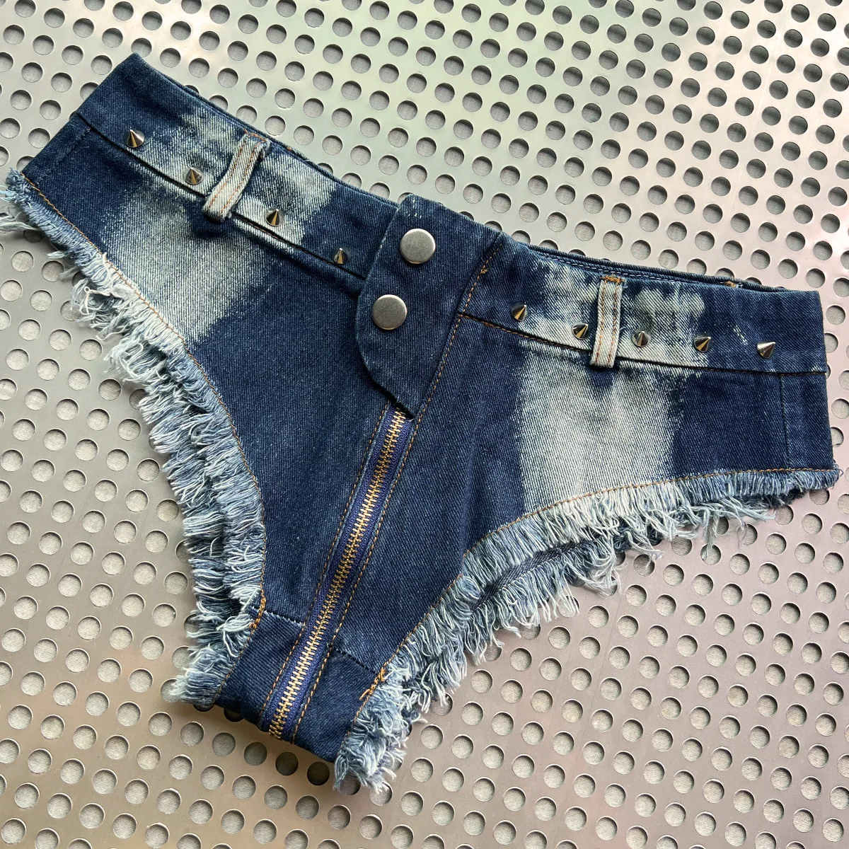 

Women Low Rise Distressed Denim Hot Pants Punk Rivet Fringe Raw Hem Zip Front Ultra Short Triangle Jean Shorts for Club Night