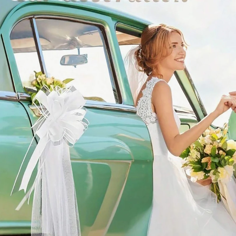 Chair and Church Wedding Pew Bows with Long Tulle Tails; Ornament for Ceremony Aisle and Bridal Car Decor view 4