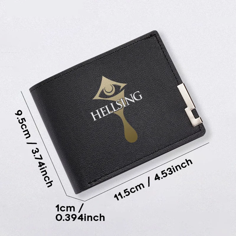 Portfel męski HELL'SING z logo, wzór oka, czarna skóra PU, krótki, lekki, wytrzymały, biznesowy, modny dodatek do codziennego użytku.