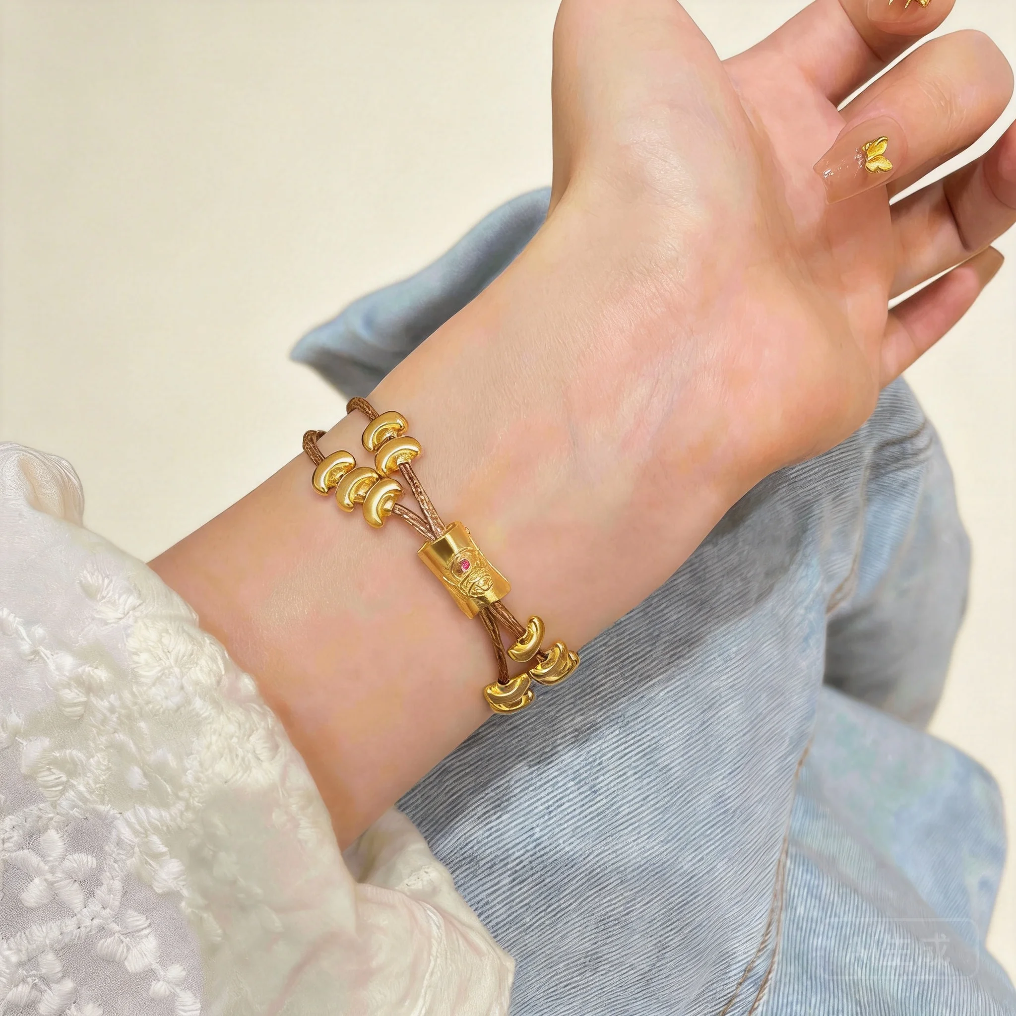 Chinese Style Lucky Wealth Attracting Golden Ingot Bracelet Handmade Braided Leather Rope Bracelet For Women Traditional Chinese