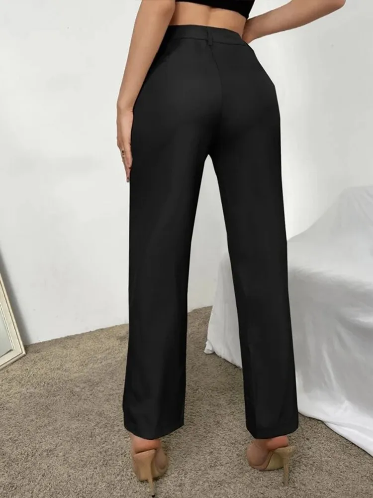 2024 New Fashion Casual Women\'s A-line Pants High Waisted Solid Black  Color Suit Seam Details Suit Straight Trousers