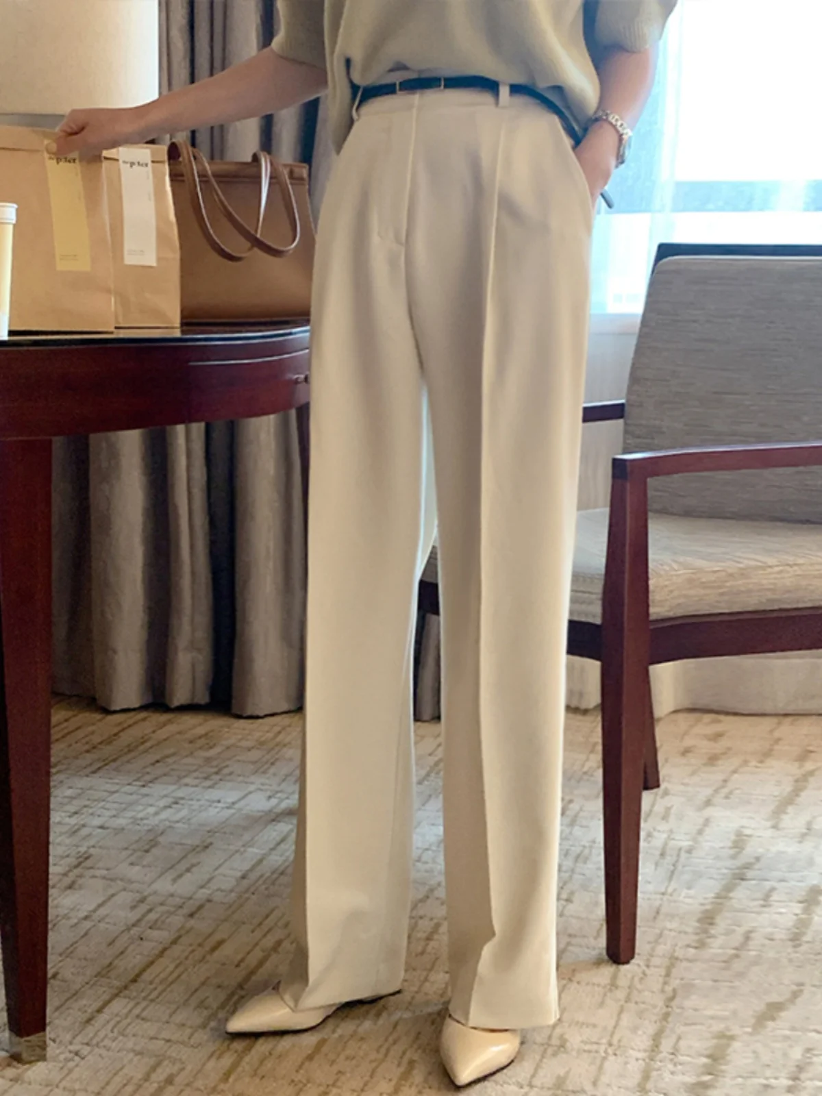 High Waist Straight Leg Suit Pants Women's Wide Leg Trousers in Beige Color for Commuting Work Professional Long Pants