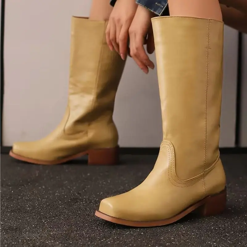 Botas de goma retro de talla grande 46 para mujer, botas de media caña con punta cuadrada y caña ancha, botas de moda hasta la rodilla, botas de montar para mujer, unisex
