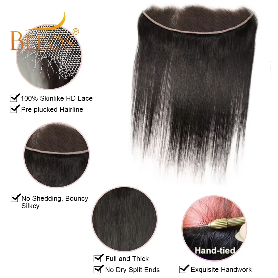 BEEOS Skinlike Real 13x4 HD Transparent Lace Frontal Only Pre Plucked Straight Bleached Knots Melt Skins Brazilian Human Hair