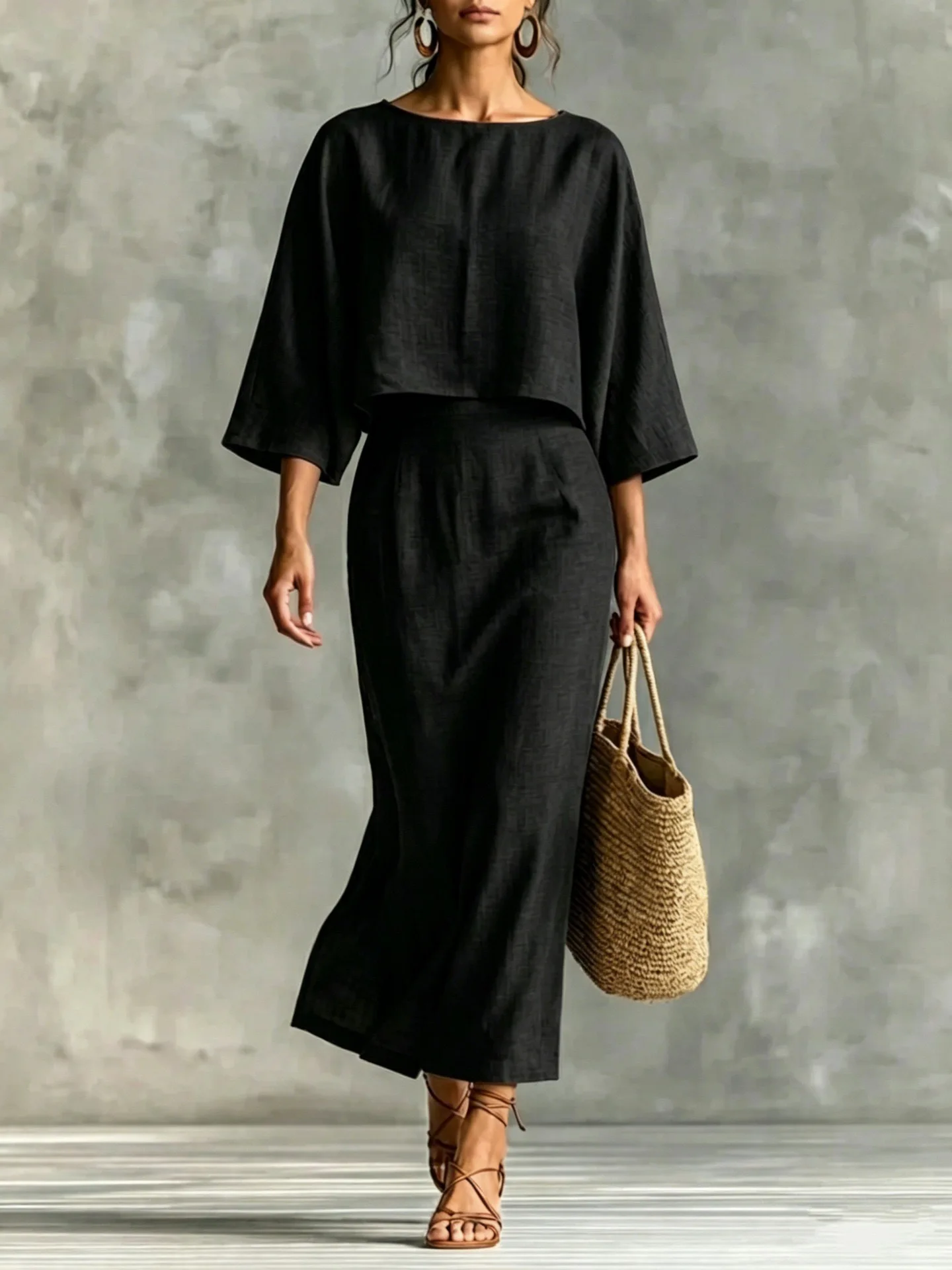 Women 2 Piece Outfit Sets Solid Casual Loose Top High Waist Midi Skirt Matching Suit Elegant Office Holiday Two Piece Skirt Set image 2