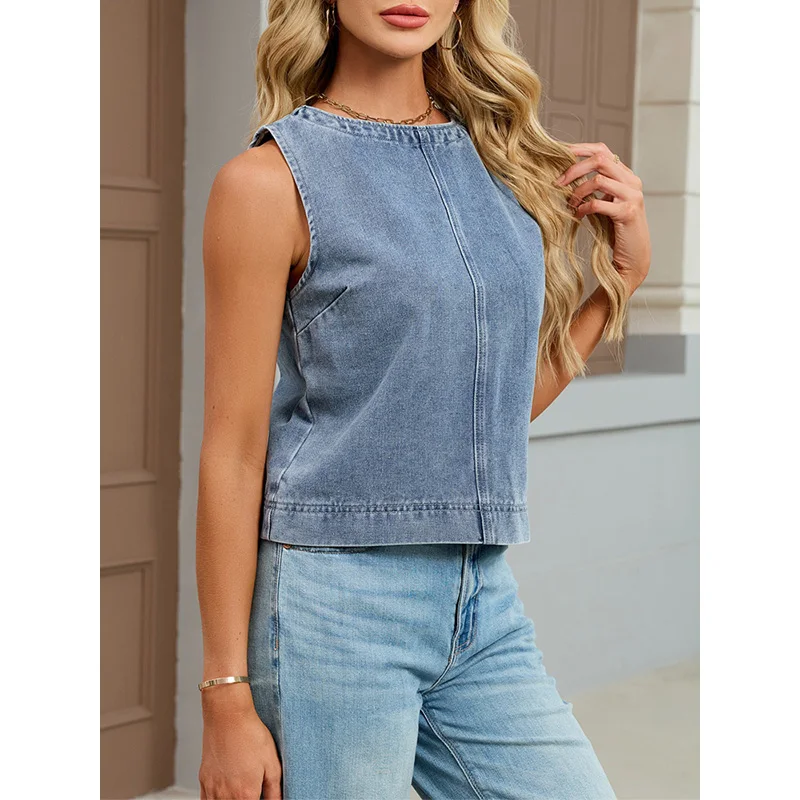 Benuynffy Casual Round Neck Denim Vest Women Summer 2026 New Fashion Vintage Solid Color Back Zipper Short Jean Tops Female view 4