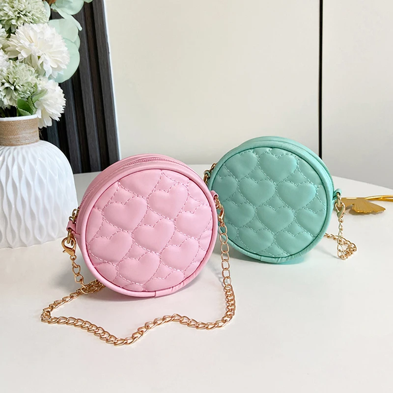 Fashion Korean Kids Pink Pu Leather Shoulder Bag Baby Girls Mini Round Coin Purse Handbag Princess Chain Crossbody Bag For Kids