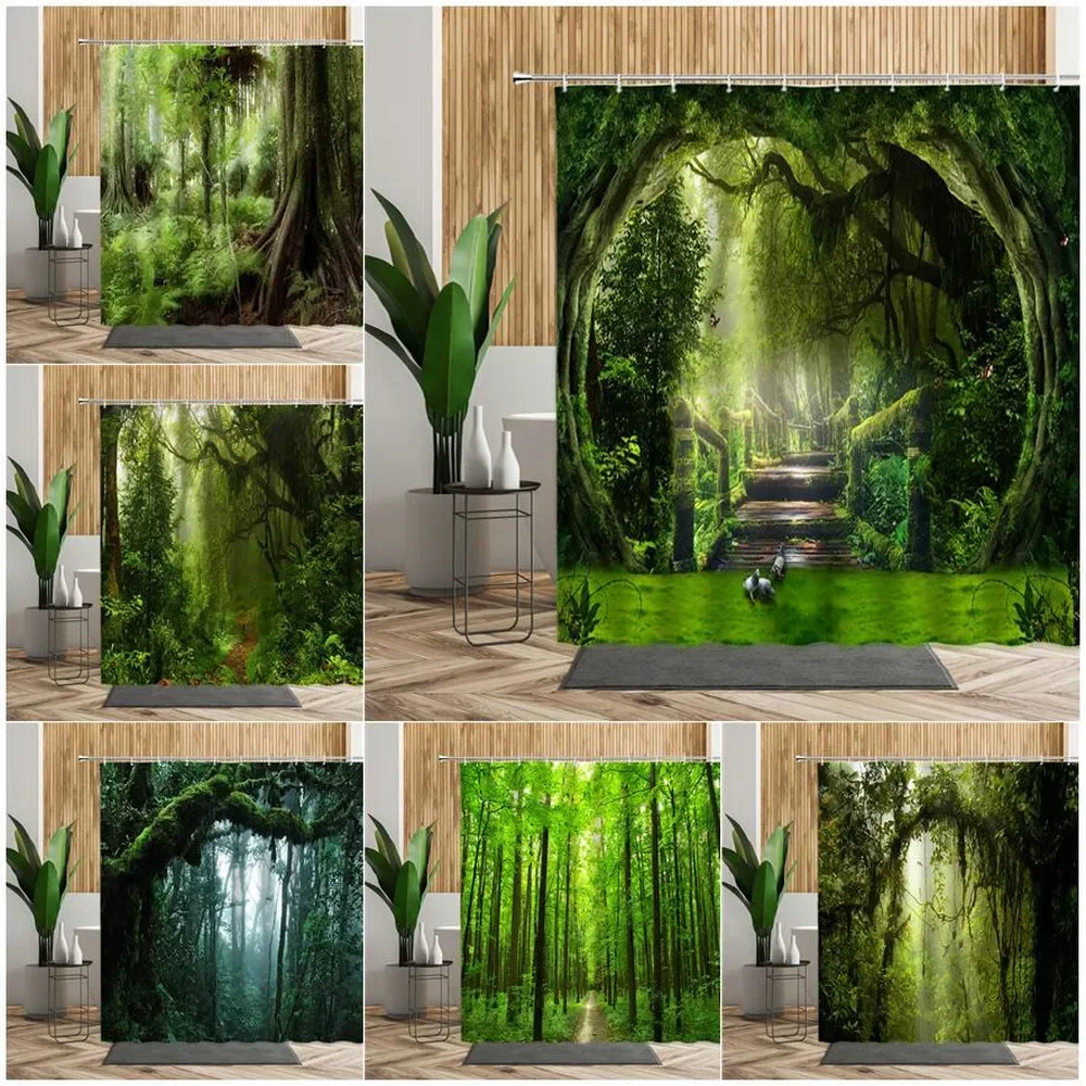 Tropical Forest Natural Scenery Waterproof Shower Curtain Green Trees Moss Deep Forest Bathroom Partition Screen Bath Curtain