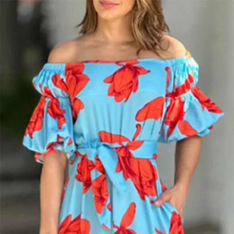 Abiti lunghi con stampa floreale Abito da donna con volant con spalle scoperte Abito ampio a vita alta da sposa Elegante estate Sexy Party Boho Vestidos