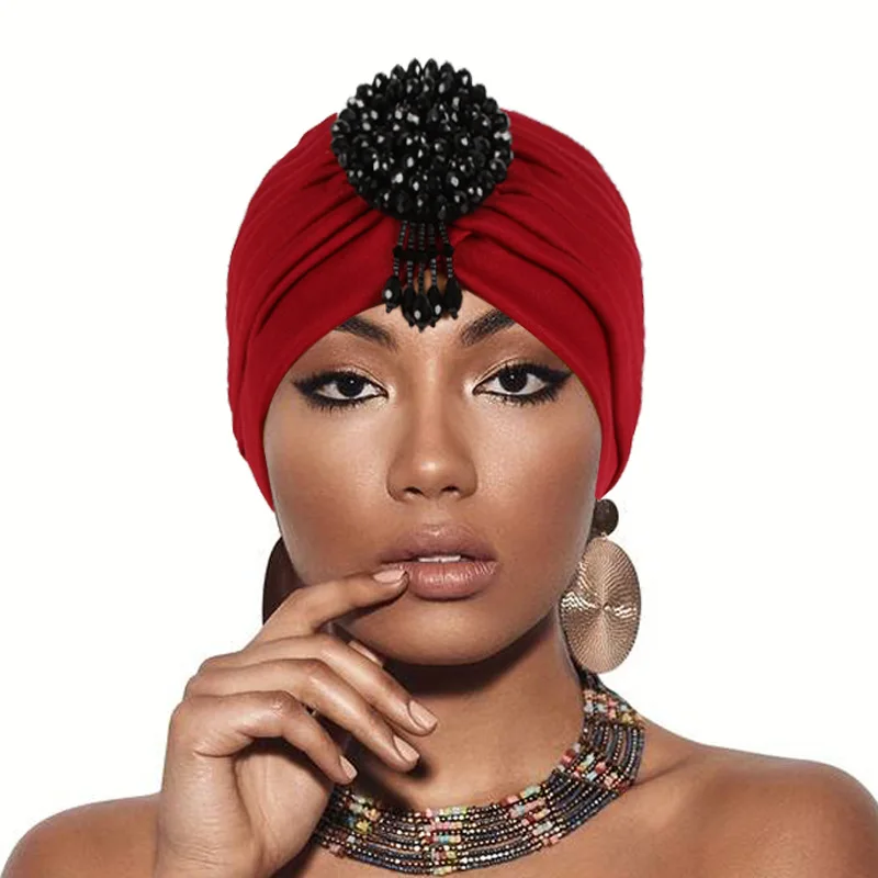 

African Indian Beaded Tassel Bonnet Beanies Women Hijab Muslim Headscarf Turban Pleated Hair Loss Hat Chemo Cap Turbante Mujer