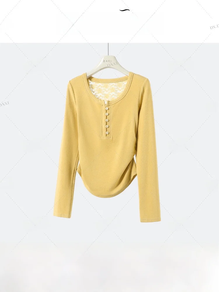 

Slim Fit Long Sve T-irt Women's Henry Collar Lace Patchwork High Waist Design Casual Sle Cotton Blend Spring Faion