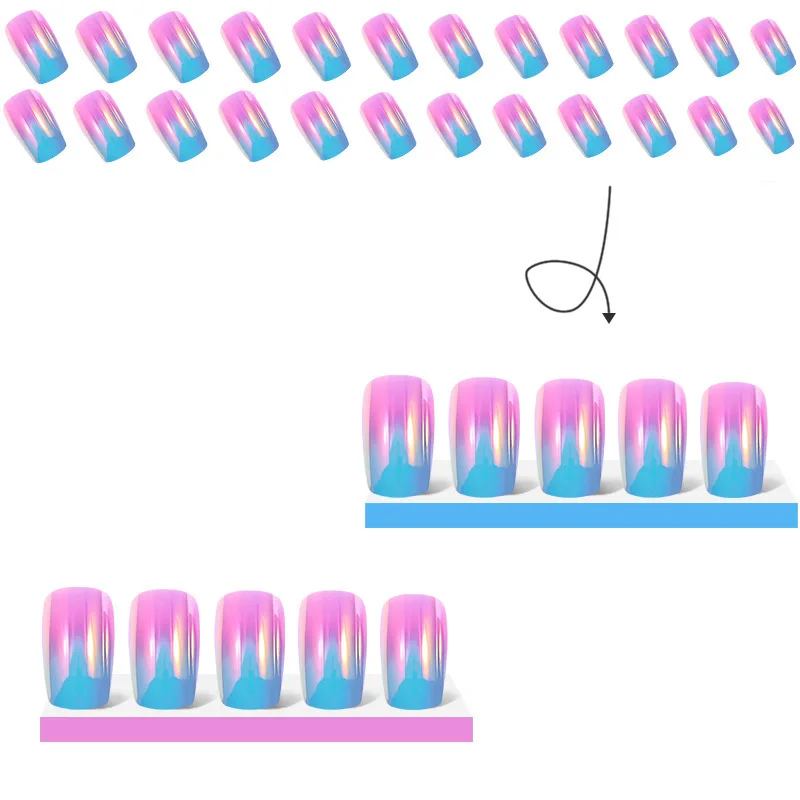 رقعة أظافر مطلية بالليزر باللون الأزرق أورورا للخريف والشتاء، رقعة أظافر متدرجة متوسطة الحجم، رأس مربع يمكن ارتداؤها