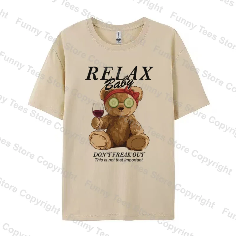 Relax Cute Funny Cartoon Bear T Shirt Oversized Vintage Streetwear Mental Health T-Shirts Women Cotton Short Sleeve Graphic Tee