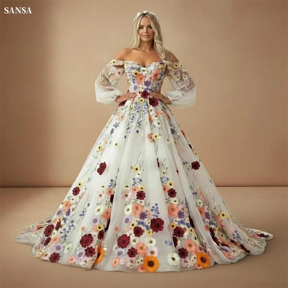 Sansa Custom Off Shoulder Sheer Long Sleeve Colorful Floral Tulle Prom Dress A Line Sweep Train Formal Evening Homecoming Gown