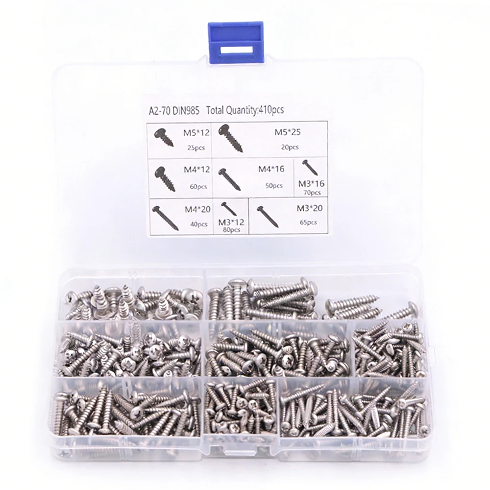 410Pcs M3 M4 M5 304 Stainless Steel Phillips Round Pan Head Self-Tapping Screws Assortment Kit- for Drywall Concrete Wood Screw