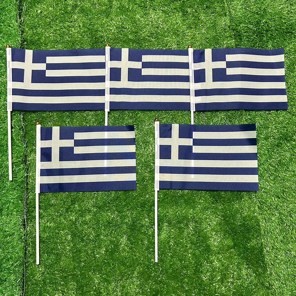 SKY FLAG 14 * 21 CM Greek Flag Polyester standard Flag hand waving flags Greece Flag with Plastic Flagpoles 5pcs