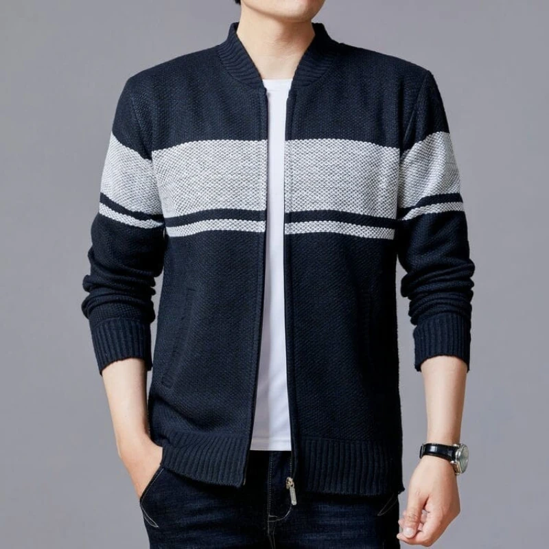 

Мужской кардиган с воротником-стойкой, флисовая подкладка Color Block, зимний теплый свободный крой, темно-синий, черный, серый ​